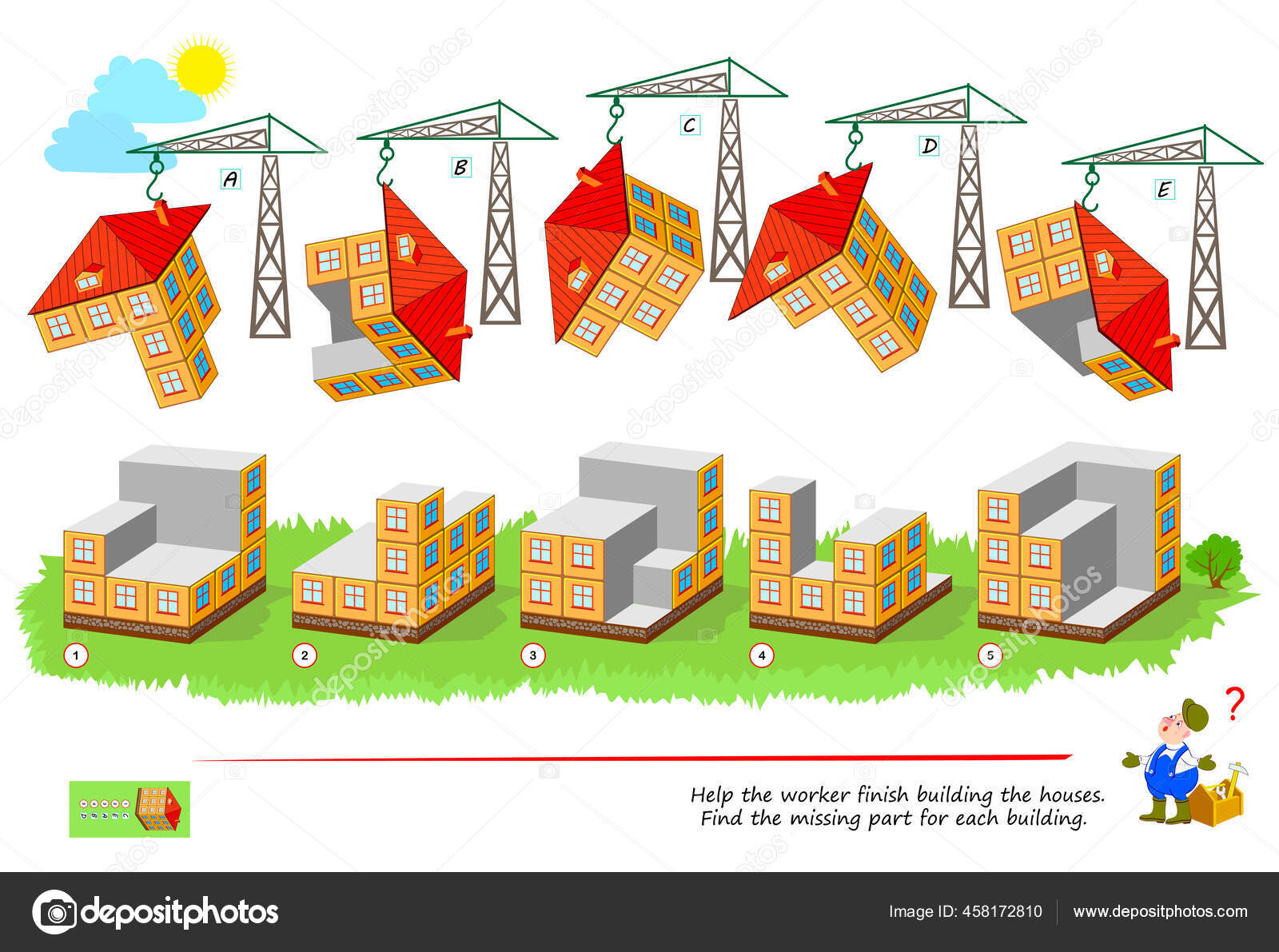 Logic Game Smartest Puzzle Help Worker Finish Building Houses Find Stock  Vector by ©Nataljacernecka 458172810