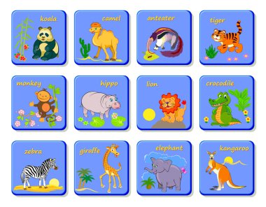 Egzotik hayvanlarla kağıt oynamak. Zoolojik loto masası oyunu. İngilizce kelimeler öğren. Hayvan isimleri üzerinde çalış. Çocuklar için sevimli evcil hayvanların basılabilir çizimleri. Düz klip sanatı çizgi film vektörü.