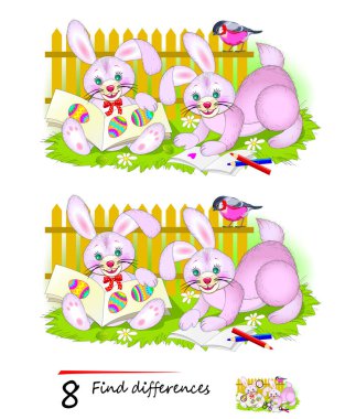 8 farklılık bul. Güzel Paskalya tavşanlarının okumayı öğrenme görüntüsü. Çocuklar ve yetişkinler için mantıksal bulmaca oyunu. Çocuklar için zeka oyunu kitabı. Sayma becerileri geliştiriyorum. IQ testi.