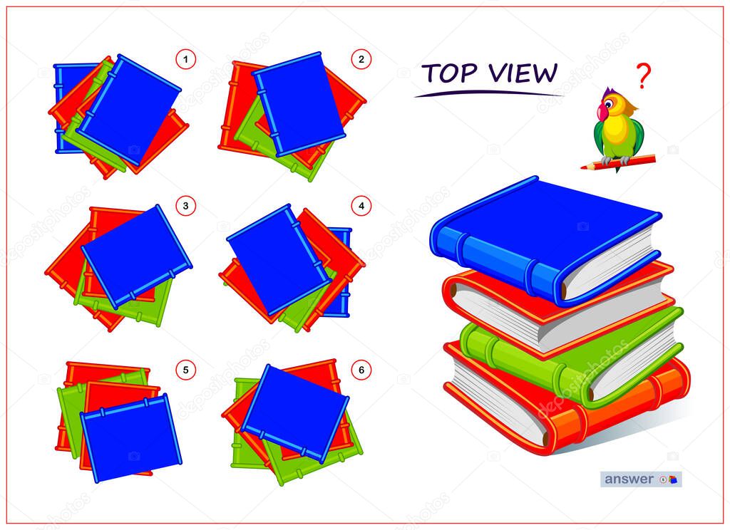 Logic puzzle game for children and adults. 3D maze. Need to find correct top view of books. Printable page for brain teaser book. Developing spatial thinking skills. IQ test. Flat illustration.