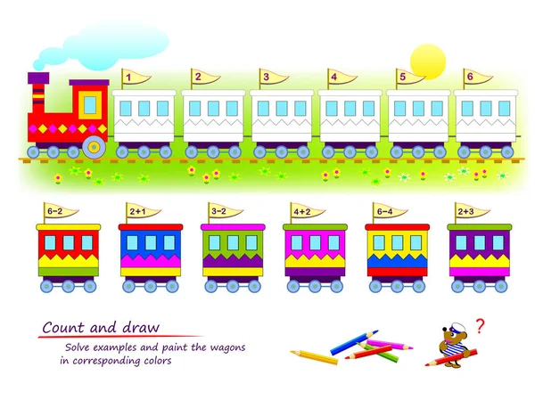 Počítej Kresli Matematické Vzdělání Pro Děti Řešte Příklady Malujte Vozy — Stockový vektor