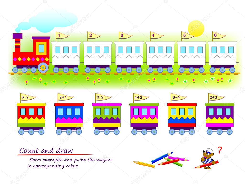 Count and draw. Math education for children. Solve examples and paint the wagons in corresponding colors. Coloring book. Mathematical logic game for kids. Exercises on addition and subtraction.