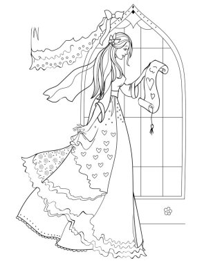 Çocuk boyama kitabı için siyah beyaz sayfa. Ortaçağ prensesinin aşk mektubu okuduğu bir resim. Kızlar için basılabilir çalışma kâğıdı. Kumaş, logo, dövme için parmak izi. Çizim ve meditasyon.
