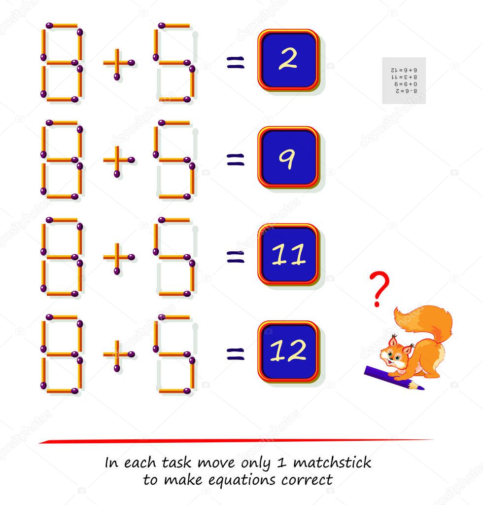 Logic puzzle game with matches. In each task move only 1 matchstick to make equations correct. Math tasks on addition and subtraction. Brain teaser book. Play online. Memory training for seniors.