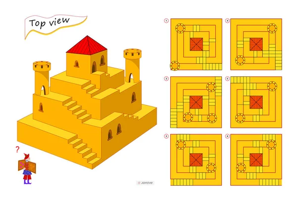 儿童和成年人的逻辑拼图游戏 3D迷宫 需要找到正确的塔顶视图 大脑引物书的可打印页 发展空间思维能力 智商测试平面插图 — 图库矢量图片