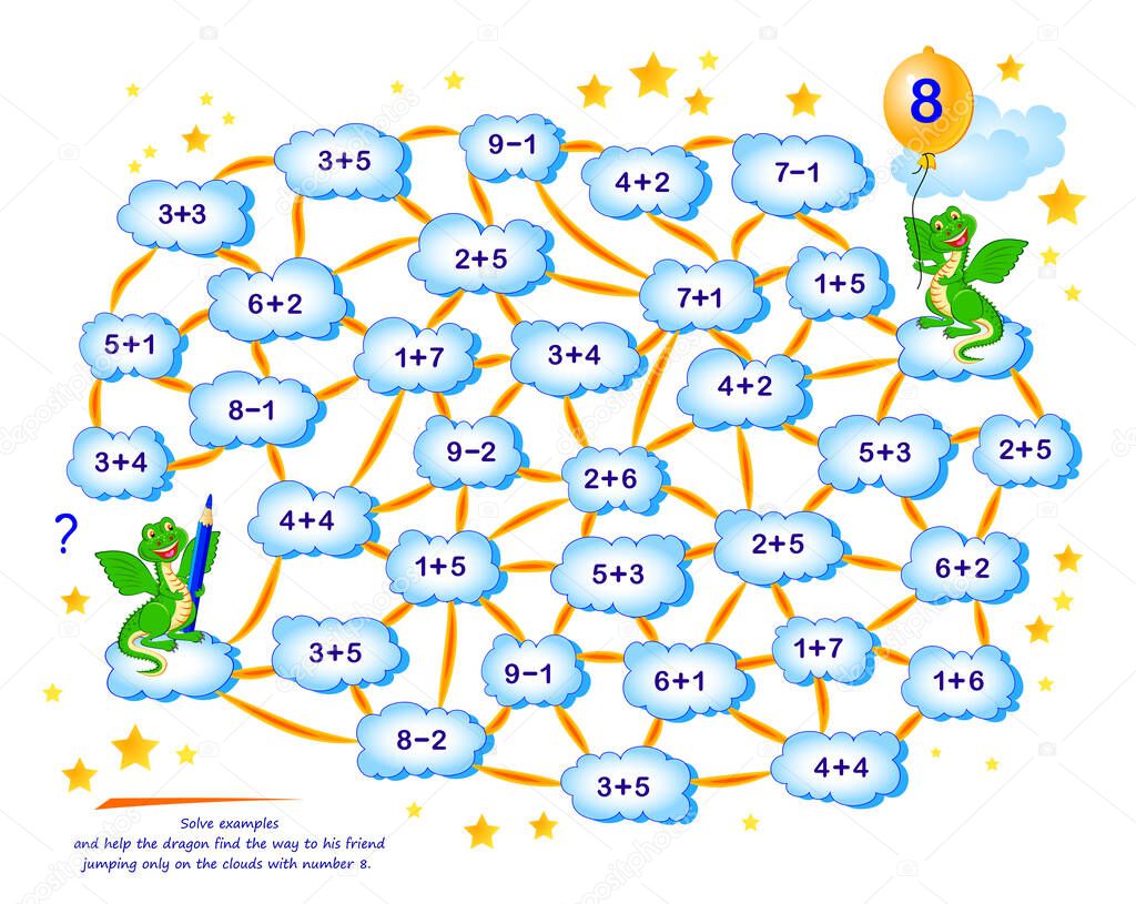 Math education for children. Logic puzzle game with maze for kids. Solve examples and help the dragon find the way to his friend jumping only on the clouds with number 8. Play online. IQ test.