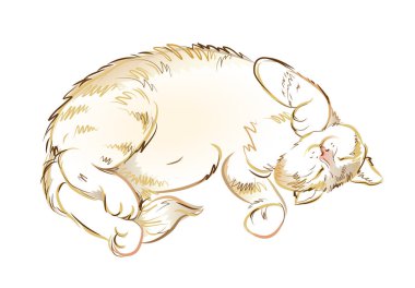 Uyuyan kedi tasviri. Dijital çizim. Evcil hayvanın basılabilir çizimi. Moda kumaş, tekstil, dekorasyon, nakış, dövme için modern baskı. El çizimi vektör.