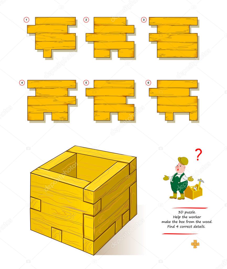 Logic game for smartest. 3D puzzle. Help the worker make the box from wood. Find 4 correct details. Brain teaser book. Play online. Developing spatial thinking skills. Memory training for seniors.