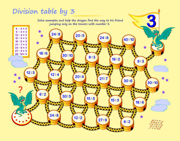 Mathematical educational page. Division table by three. Logic puzzle game. Solve examples and help the dragon find the way to his friend jumping only on the towers with number 3. Play online.