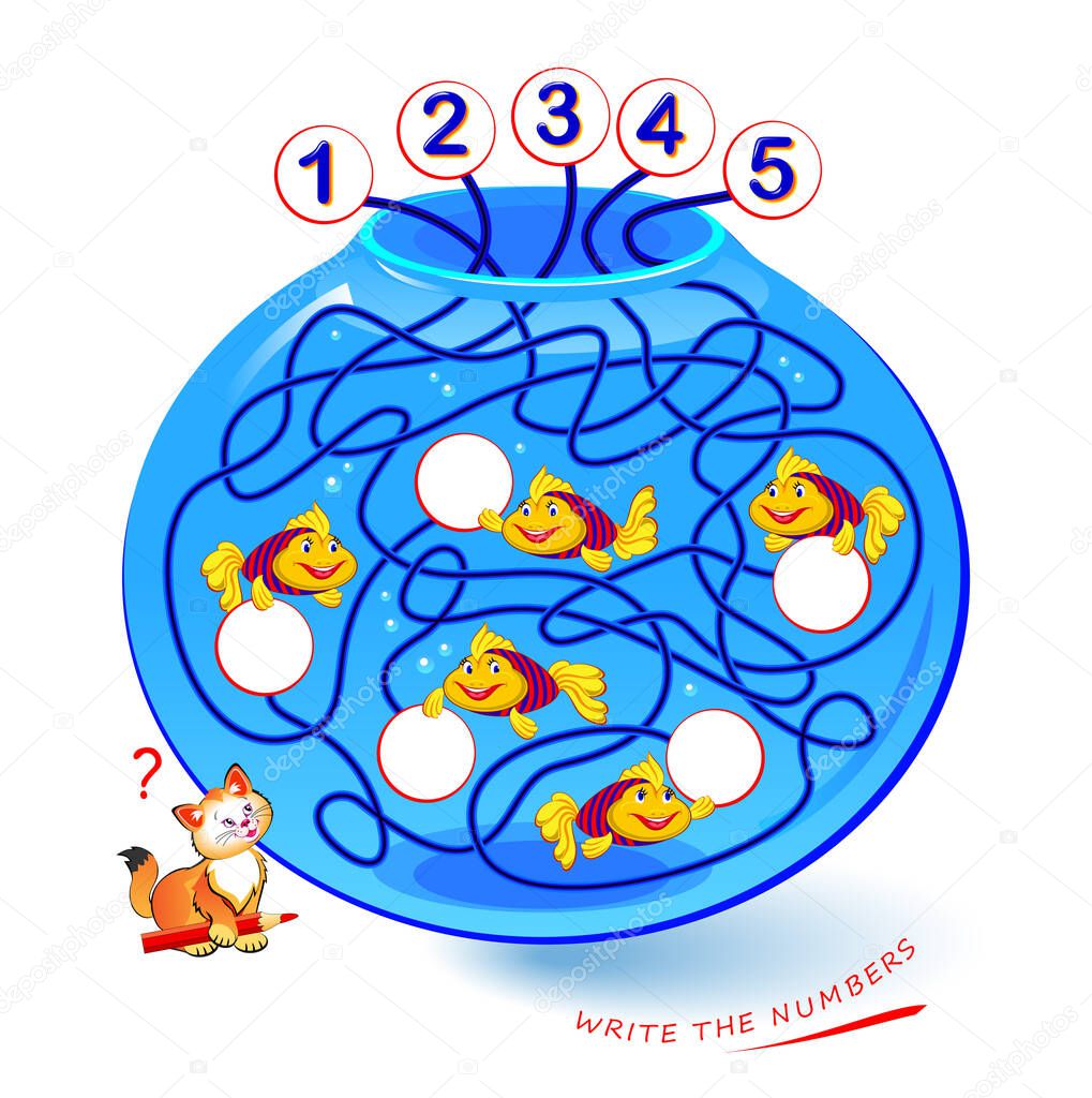 Math education for children. Find the path and write the numbers in circles. Developing counting skills. Play online. Logic puzzle game with labyrinth. Printable worksheet for kids school textbook.