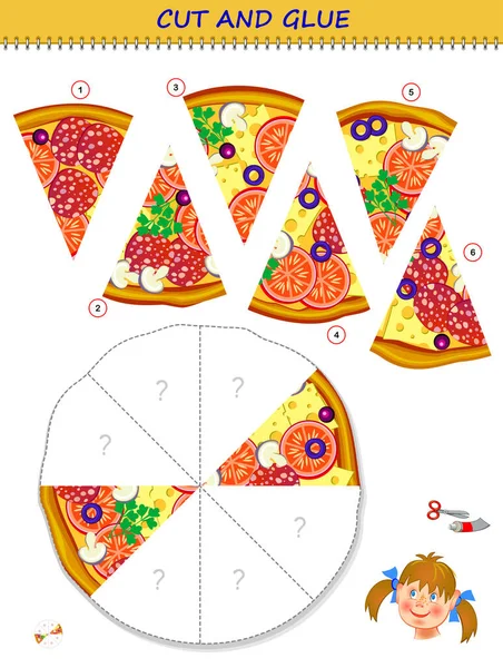 Logica Puzzle Game Tagliare Incollare Fette Pizza Nei Punti Corretti — Vettoriale Stock