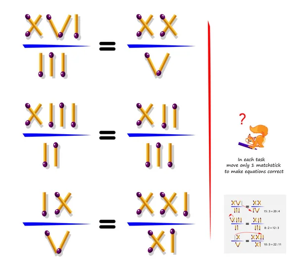 Logisch Puzzelspel Met Lucifers Verplaats Elke Taak Slechts Luciferstick Vergelijkingen — Stockvector