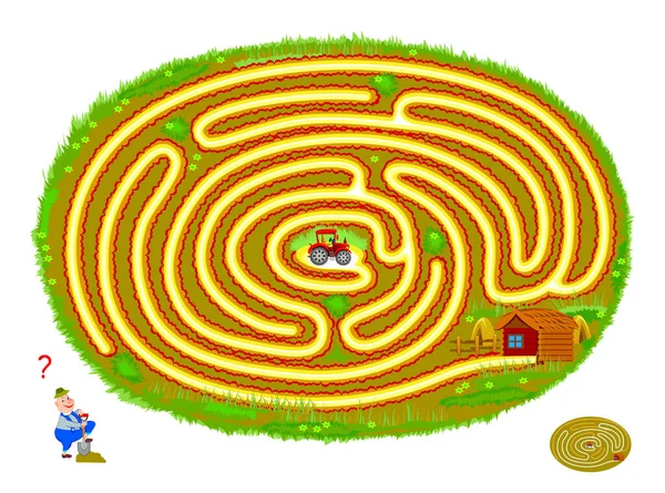 Çocuklar ve yetişkinler için labirent ile mantıklı bulmaca oyunu. Traktörün sahadan çıkış yolunu bulmasına yardım et. Çocuk zeka oyunu kitabı için çalışma tablosu. İnternette oyna. Labirentle vektör illüstrasyonu.