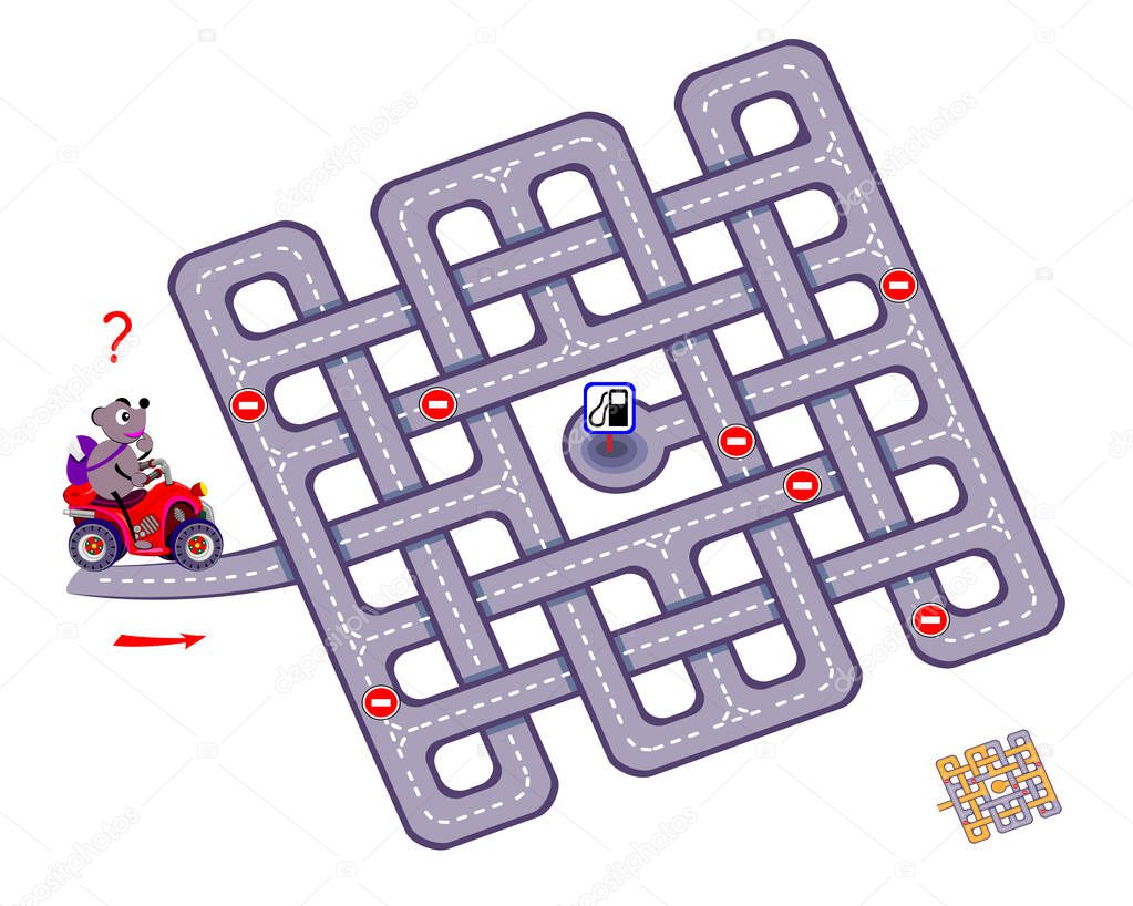 Logic puzzle game with labyrinth for children and adults. Help the motorbike driver find the way to the gas station. Worksheet for kids brain teaser book. Play online. Flat vector illustration.