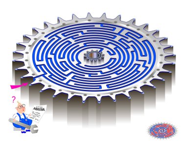 Çocuklar ve yetişkinler için labirent ile mantıklı bulmaca oyunu. İşçinin merkezi vitese geçmesine yardım et. Çocuk zeka oyunu kitabı için çalışma tablosu. İnternette oyna. Steampunk tarzında labirent ile resim.