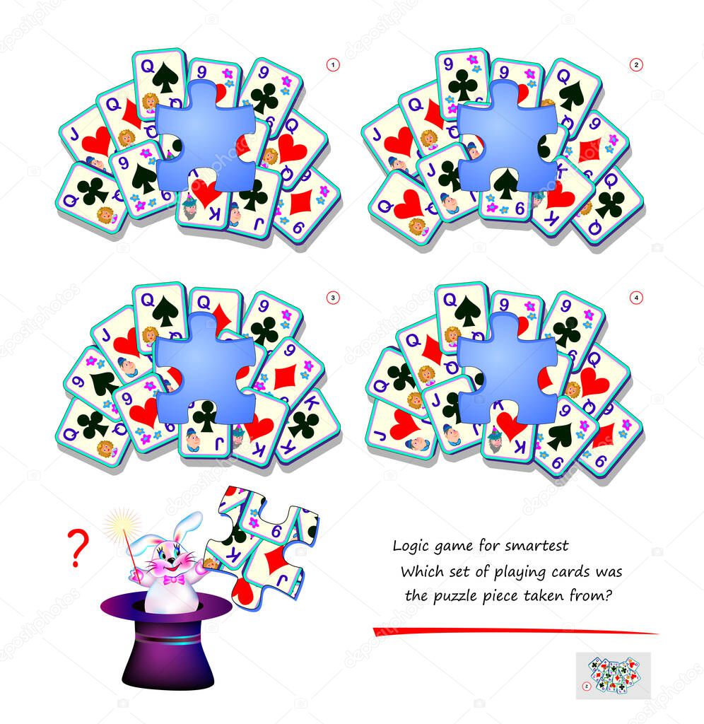 Logic game for children and adults. Which set of playing cards was the puzzle piece taken from? Page for kids brain teaser book. Developing spatial thinking skills. Play online. Cartoon illustration.