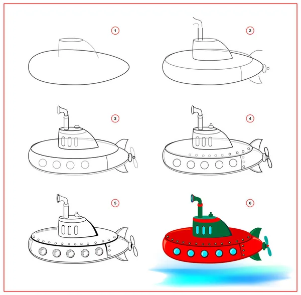 Sayfa Oyuncak Denizaltıyla Nasıl Adım Adım Çizileceğini Gösteriyor Çizim Boyama — Stok Vektör