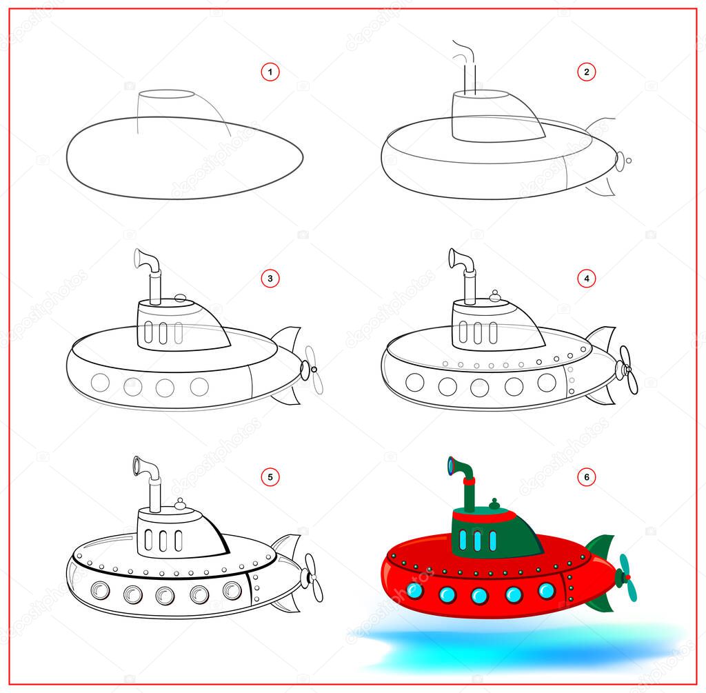 Page shows how to learn to draw step by step toy submarine. Developing children skills for drawing and coloring. Printable worksheet for kids school exercise book. Flat vector illustration.