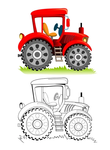 Színes Fekete Fehér Sablon Színezés Aranyos Játék Traktor Modell Illusztráció — Stock Vector