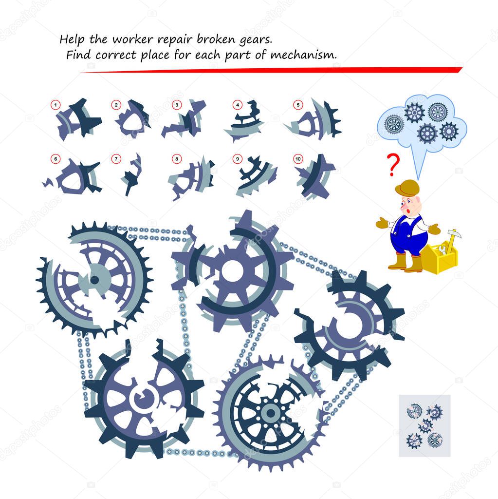 Logic puzzle game for children and adults. Help the worker repair broken gears. Find correct place for each part of mechanism. Page for kids brain teaser book. Play online.