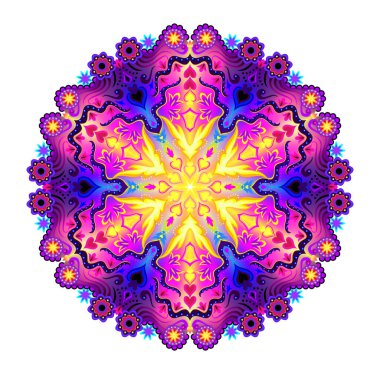 Etnik çiçek motifli yuvarlak geometrik mandala. Kaleydoskopik tarzda yapılmış fantezi oryantal süs. Lüks bir madalyon. Logo, simge, kumaş, dövme, nakış, dekorasyon için yazdır.