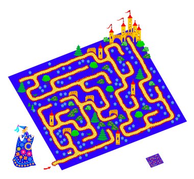 Çocuklar ve yetişkinler için labirent ile mantıklı bulmaca oyunu. Prensesin kaleye giden yolu bulmasına yardım et. Çocuk zeka oyunu kitabı için çalışma tablosu. İnternette oyna. Çizgi film çizimi. Çocuklar için labirent.