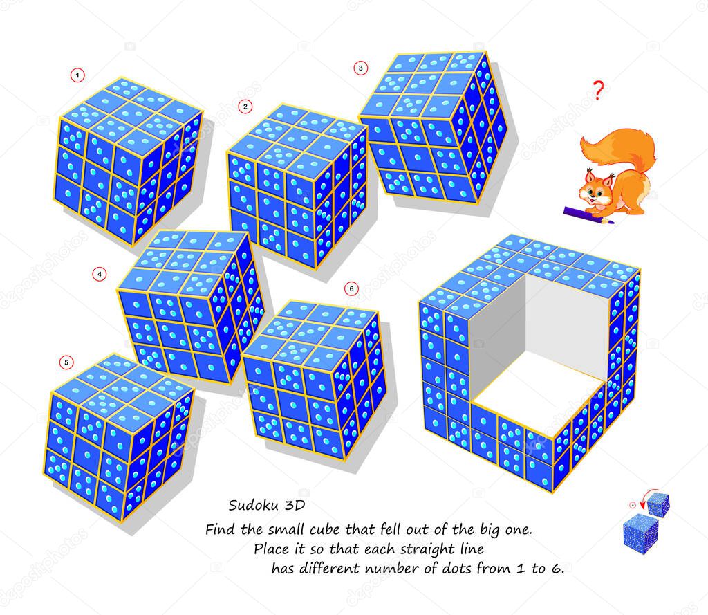 Logic puzzle game for smartest. Find the small cube that fell out of the big one. Place it so that each straight line has different number of dots from 1 to 6. Sudoku 3D. Developing spatial thinking.
