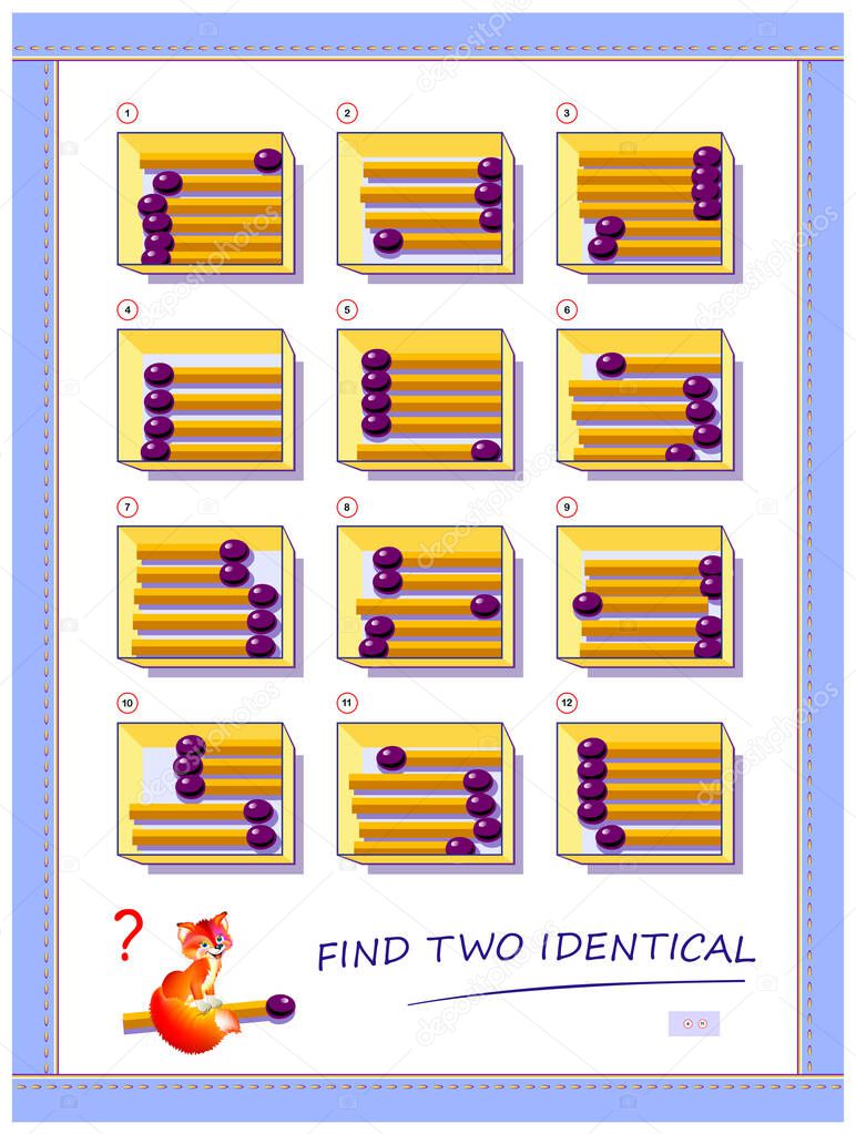 Logic puzzle game for children and adults. Need to find two identical boxes with matchsticks. Printable page for kids brain teaser book. Developing spatial thinking skills. IQ test. Play online.