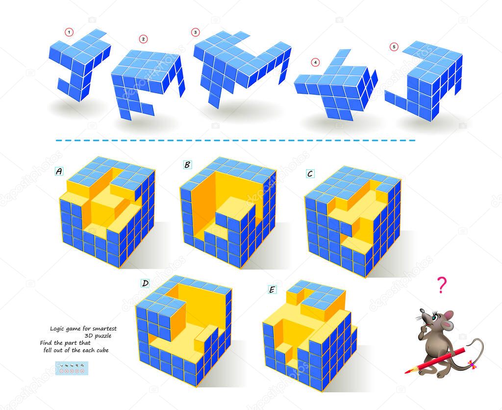 Logic game for smartest. Find the part that fell out of the each cube. Printable page for brain teaser book. 3D puzzle. Brain teaser book. IQ test. Play online. Developing spatial thinking skills.