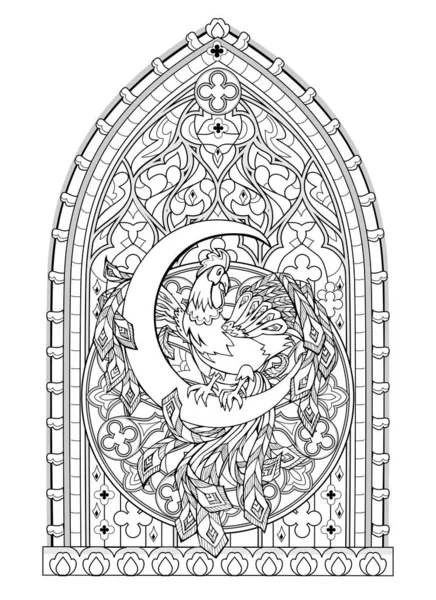 Fantasy Gothic Stained Glass Window Fabulous Cock Sitting Moon Medieval — Stock Vector