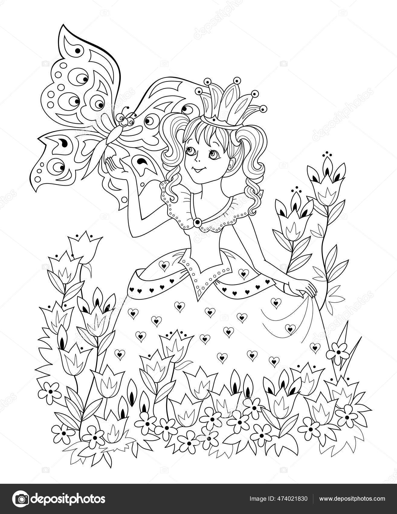 Uma página para colorir de um pônei com uma flor e borboleta
