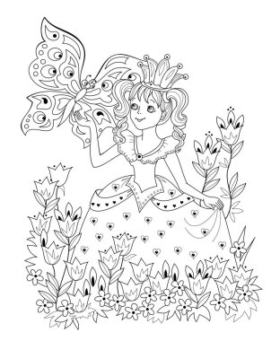 Çocuk boyama kitabı için siyah beyaz sayfa. Bahar çiçeklerinin bahçesinde kelebekli güzel bir prenses tasviri. Kızlar için basılabilir çalışma kâğıdı. Resim ve meditasyon için çarşaf.