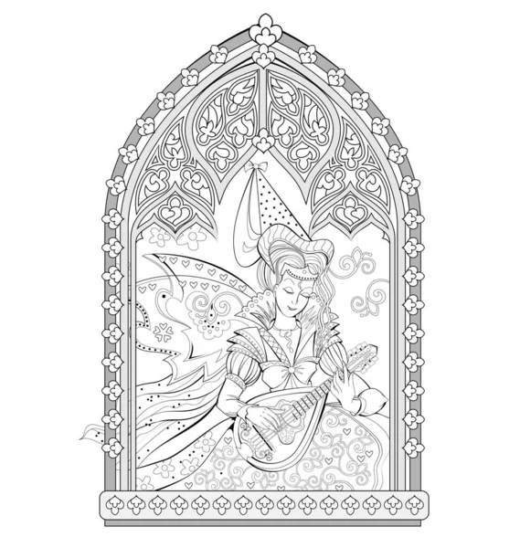 ゴシック様式の窓の近くに座って マンドリンで音楽を演奏する美しい中世の王女の幻想的なイラスト 子供のぬり絵のための黒と白のページ ロゴやタトゥーのプリント — ストックベクタ