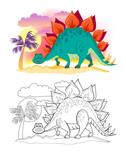 Colorful Black White Page Coloring Book Illustration Cute Stegosaurus Printable — Stock Vector