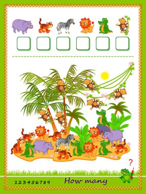 Çocuklar için matematik eğitimi. Kaç tane çiftlik hayvanı bulabilirsin? Miktarı say ve sayıları yaz. Sayma becerileri geliştiriyorum. Mantık bulmacası oyunu. Çocukların ders kitabı için çalışma çizelgesi. Çevrimiçi oyna.