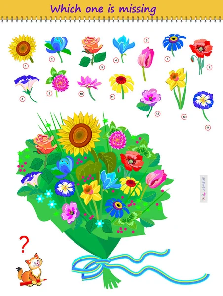 Logic Puzzle Game Children Adults Which One Flowers Missing Bouquet — 图库矢量图片