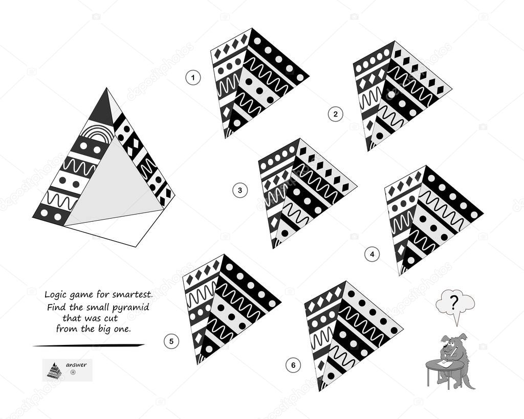 Logic game for smartest. Find the pyramid that was cut from the big one. Printable page for brain teaser book. 3D puzzle. Brainteaser book. IQ test. Play online. Developing spatial thinking.