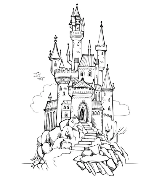 Illustration Fantastique Château Médiéval Royaume Fairyland Page Noir Blanc Pour — Image vectorielle