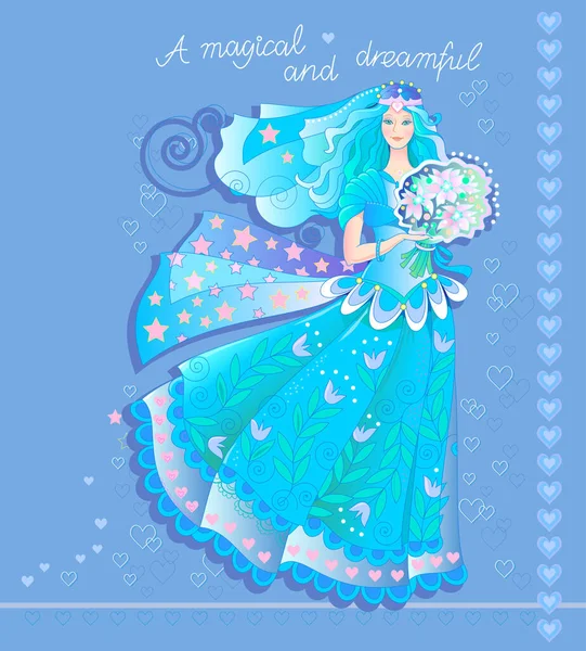 Ilustración Hada Hermosa Vestido Lujo Con Ramo Flores Tarjeta Felicitación — Archivo Imágenes Vectoriales