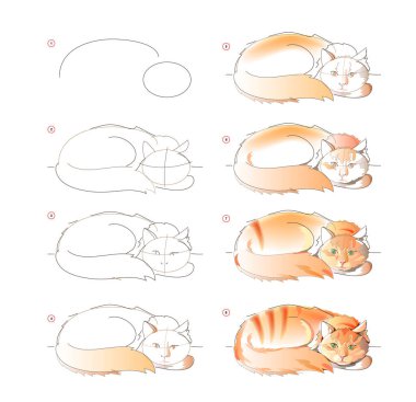 Uyuyan tatlı kızıl kedi çizimini nasıl öğreneceğini. Adım adım suluboya resim yapmak. Sanatçılar için eğitim sayfası. Sanatsal becerileri geliştirmek için bir ders kitabı. Çevrimiçi eğitim.