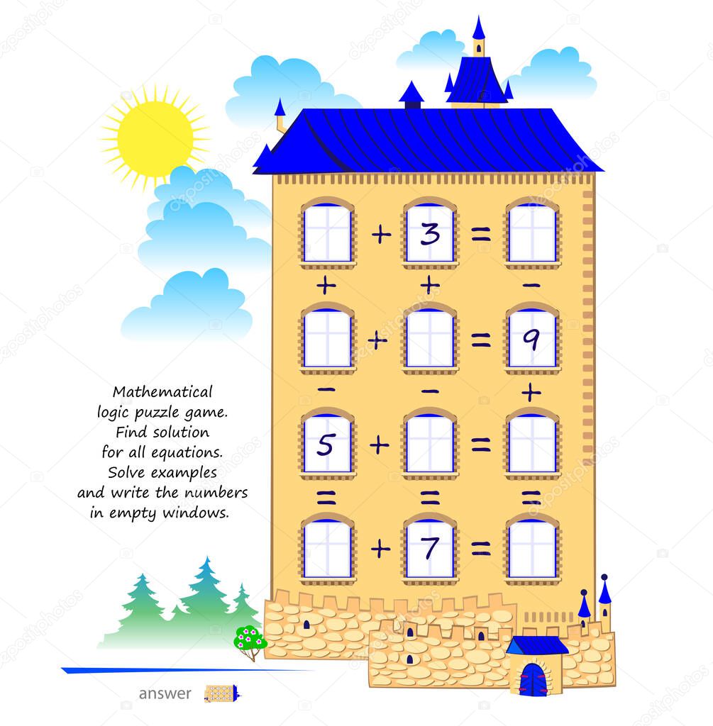 Math logic puzzle game for smartest. Find solution for all equations. Solve examples and write numbers in empty windows. Page for brain teaser book. Play online. Exercises on addition and subtraction.