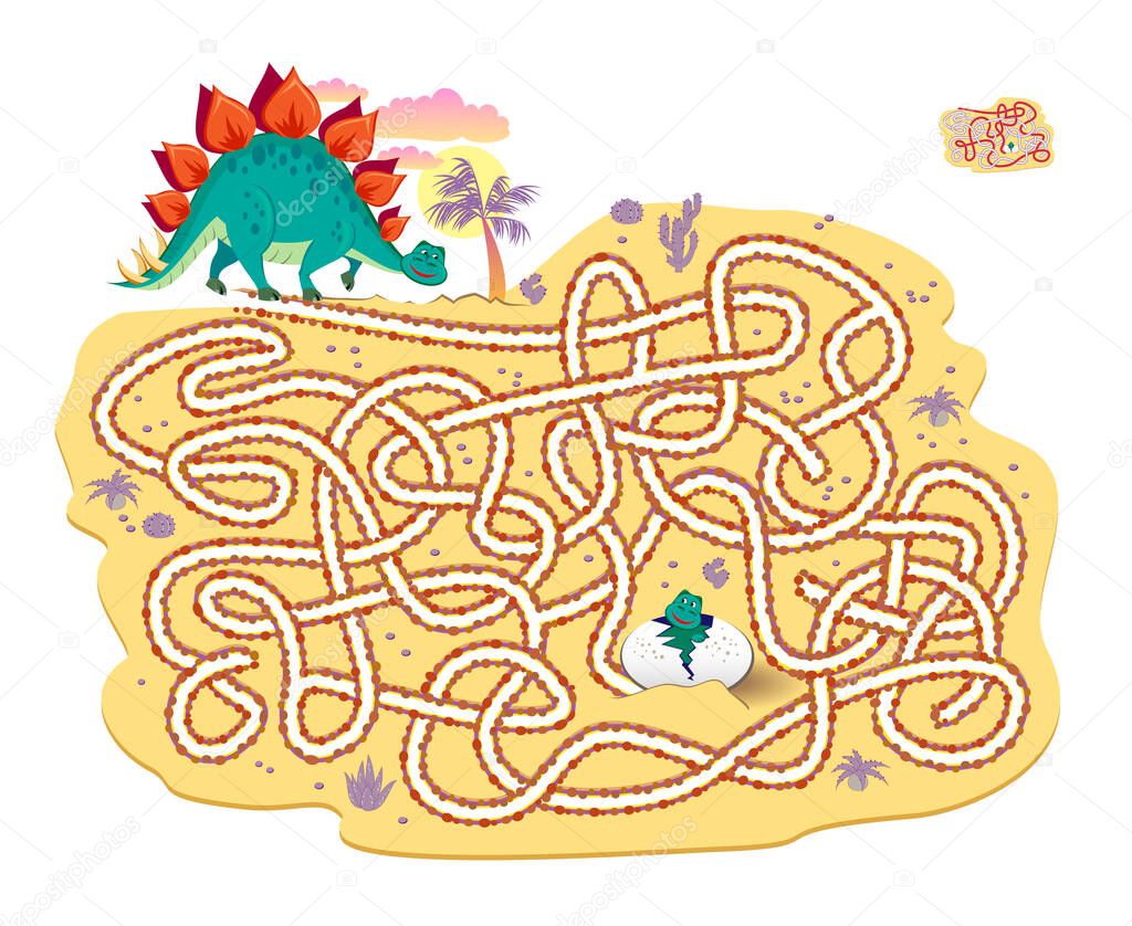 Logic puzzle game with labyrinth for children and adults. Help the dinosaur find the path to his baby. Worksheet for kids brain teaser book. Play online. Cartoon vector illustration. Maze for kids.
