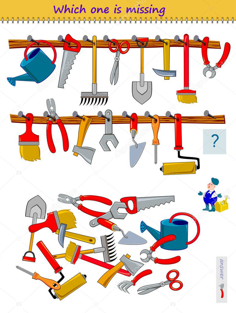 Logic puzzle game for children and adults. Help the worker find the lost working tool. Which one is missing? Page for kids brain teaser book. Developing spatial thinking. IQ test. Play online.