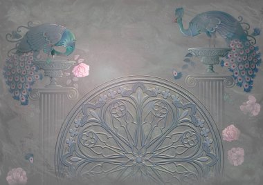 Modern sanat duvar kâğıdı. Fantezi gotik gül süsü ve iki tavus kuşunun gerçeküstü çizimi, tavan arası tarzı. Güzel arka plan. İç mimari, fotoğraf duvar kağıdı, tebrik kartı, poster tasarımı.