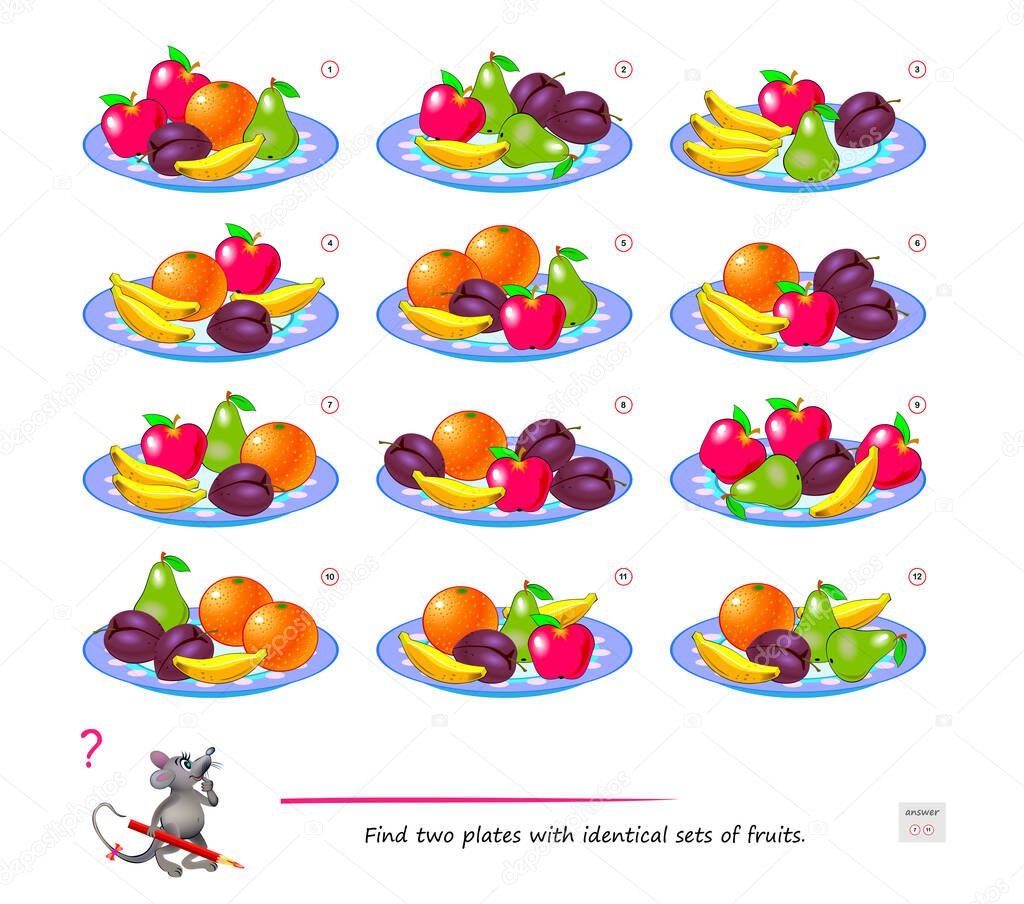 Logic puzzle game for children and adults. Find two plates with identical sets of fruits. Page for kids brain teaser book. Developing counting and spatial thinking skills. IQ test. Play online.