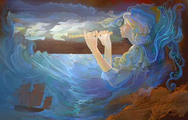 海の歌 木に油絵を描く 北欧の海の近くでフルートを演奏する美しい少女の肖像画 古い中世の海洋伝説のためのファンタジーイラスト シュルレアリスム様式 — ストック写真
