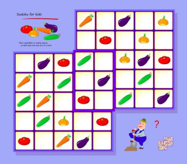 Çocuklar için sudoku. Zeka oyunu kitabı için sayfa. Çocuklar ve yetişkinler için mantıksal bulmaca oyunu. İnternette oyna. Yaşlılar için hafıza eğitimi. Sebzeleri boş alanlara yerleştir ki her satırın bir çeşidi olsun..
