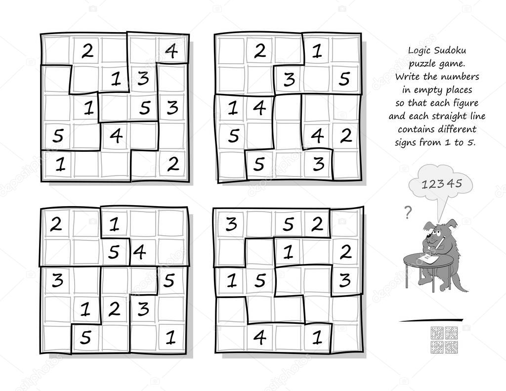 Logic Sudoku puzzle game. Write the numbers in empty places so that each figure and each straight line contains different signs from 1 to 5. Brain teaser book. Play online. Black and white image.