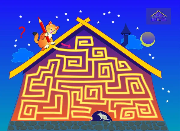 Lógica Juego Puzzle Con Laberinto Para Niños Adultos Ayuda Gato — Archivo Imágenes Vectoriales