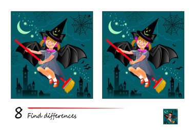 8 farklılık bul. Cadılar Bayramı gecesini hayal eden küçük bir kız. Çocuklar ve yetişkinler için mantıksal bulmaca oyunu. Çocuk zeka kitabı için çağrı. Sayma becerileri geliştiriyorum. Çevrimiçi oyna.